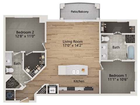 A floor plan of a home with a living room, two bedrooms, a kitchen, and a bathroom.